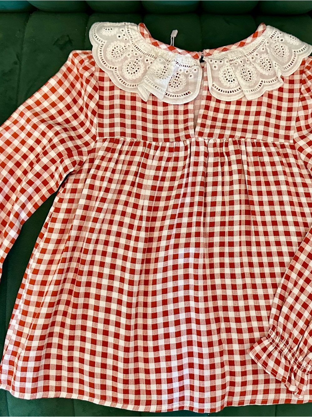 Mayoral Red and White Gingham Long-Sleeve Top with Eyelet Collar